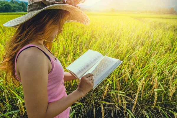 Las mujeres asiáticas se relajan en las vacaciones. Lee libros de vacaciones. Escribir un estudio de jardín natural de arroz jardín . — Foto de Stock