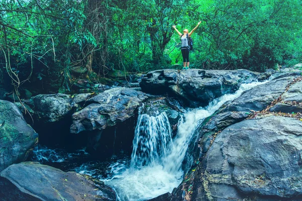 Asyalı gezginler doğayı, ormanları, dağları, şelaleyi gezer.