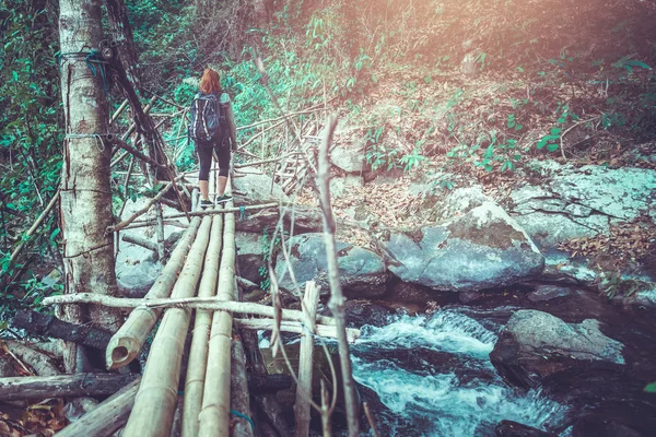 Žena asia cestovatelé cestování příroda Lesy, hory, vodopád — Stock fotografie