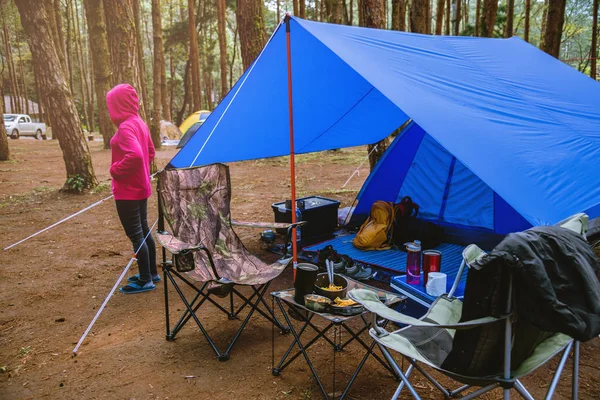 Mulheres Turismo de natureza, acampando no meio da floresta de pinheiros. Ajustar e puxar a corda da tenda . — Fotografia de Stock