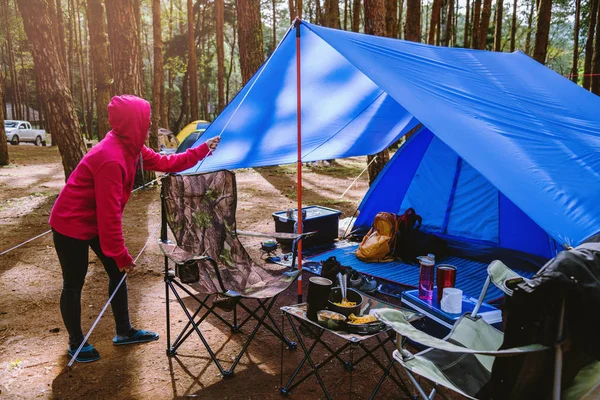 Donne Turismo naturalistico, campeggio in mezzo alla pineta. Regolazione e tirando la corda della tenda . — Foto Stock