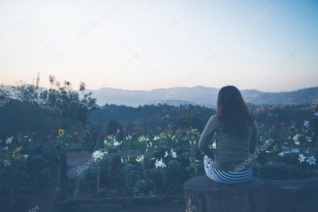 Natural background female. The sun rises in the morning on the mountain.