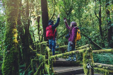 Çiftler seyahat, kış aylarında rahatlayın. yağmur ormanları doğa çalışmak için seyahat yürüyüş. Angka, Chiangmai Tayland. dağlarda yürüyüş