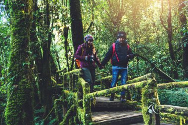 Çiftler seyahat, kış aylarında rahatlayın. yağmur ormanları doğa çalışmak için seyahat yürüyüş. Angka, Chiangmai Tayland. dağlarda yürüyüş