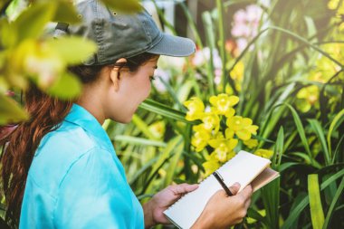 Genç kadınlar orkide bahçesi arasında not yazar. Renkli orkide, Orkide çiçek çiçek.