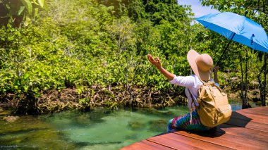 Asyalı kadınlar seyahat ederken rahatlar, tatillerde doğayı gezerler. Krabi 'deki Tha Pom Klong Song Nam' da oturup göl ormanının doğasını seyreden kadınlar. Yaz, Tayland Seyahati.