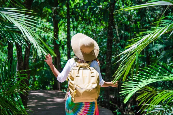 Asiatische Frauen reisen entspannt in die Natur im Urlaub. Naturstudie im Wald. Mädchen glücklich zu Fuß lächelnd und genießen Reisen durch den Mangrovenwald. tha pom-klong-song-nam bei krabi. Sommer — Stockfoto