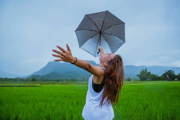 Asiatische Frauen reisen entspannt in den Urlaub. Das Mädchen lächelte glücklich und genoss den Regen, der fiel. Reisen in ländliche Gegenden, grüne Reisfelder, Reisen nach Thailand. — Stockfoto