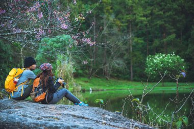 Çiftler seyahat eder, dinlenir, kışın doğayı izlerler. Paphiopedilum orkide koruma merkezi, Chiangmai 'de.