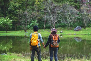 Çiftler mutlu yolculuklar, rahatlayın, el ele tutuşup güzelliği izliyorlar. Tayland 'daki Paphiopedilum Orkide Koruma Merkezi' nde..