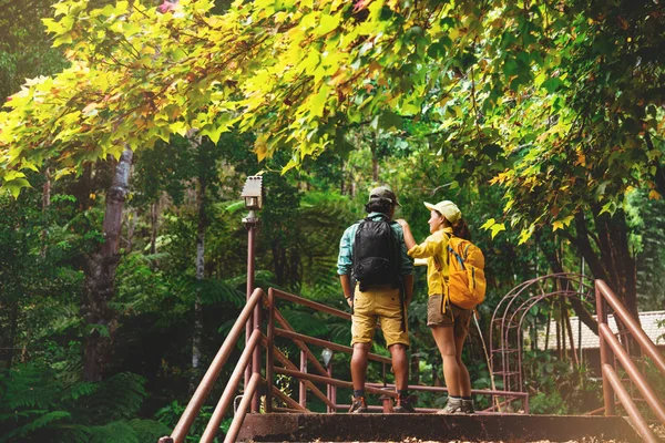 Milenka žena a muž asijské cestování nature.Travel relaxovat. Procházky a studium přírody v lese. Thajsko — Stock fotografie
