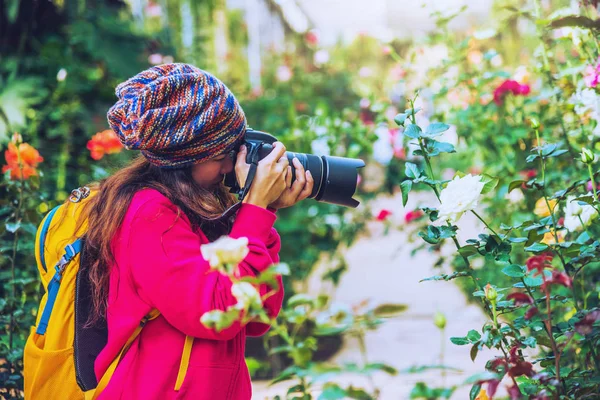 Vrouw reizen natuur het nemen van foto 's in de rozentuin op doi Inthanon Chiangmai in Thailand. — Stockfoto