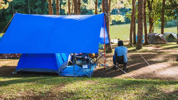 Asiático homem viajar natureza acampar na montanha ver o lago na névoa, Camping e barraca sob a floresta de pinheiros no por do sol no norte da Tailândia . — Fotografia de Stock