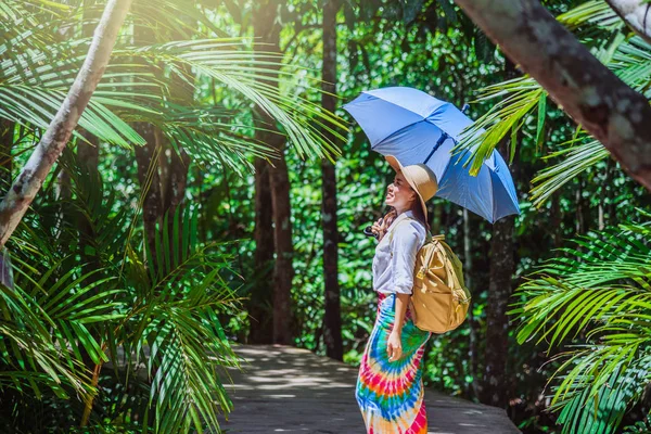 Las mujeres asiáticas viajan relajarse naturaleza de viaje en las vacaciones. Estudio de la naturaleza en el bosque. Chica feliz caminando sonriendo y disfrutando de viajar a través del bosque de manglares. tha pom-klong-song-nam en krabi. verano —  Fotos de Stock
