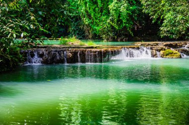 Peyzaj Şelalesi Bok Khorani. Yağmur mevsiminde renkli orman, yağmur mevsiminde renkli orman yağmur mevsiminde su düşer, zümrüt su deresi, ormanın derinliklerinde şelale.