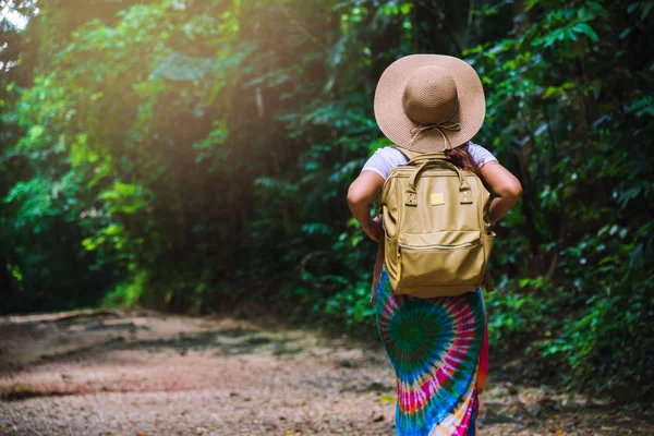 リュックの森の中で旅行の自然を楽しむ若い女の子緑豊かな緑の木。森の中を歩いている少女の裏側の景色。夏には、旅行リラックス,旅行タイ. — ストック写真