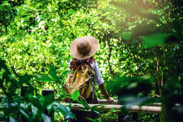 Las mujeres viajan relajar la naturaleza en las vacaciones. Estudio de la naturaleza en el bosque. La Chica feliz caminando y disfrutando del Turismo por el bosque . —  Fotos de Stock
