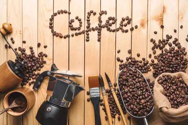 Brev Ordet Kaffe Gjort Kaffebönor Med Utrustning — Stockfoto