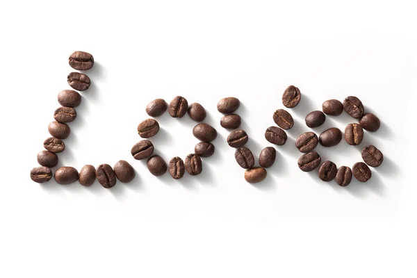 Liefde Teken Met Koffiebonen Geregeld Witte Achtergrond — Stockfoto