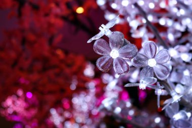 Arka plan beyaz ve kırmızı Noel ışıkları küçük çiçek şeklinde gösterilen.