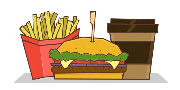 Fast Food Cartoon Vektorillustration Hamburger Pommes Und Kaffee — Stockvektor