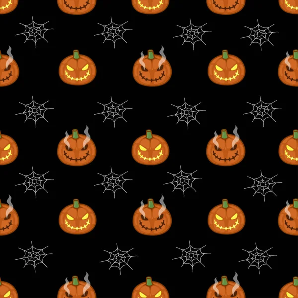 Halloween Pattern Evil Pumpkins Cobwebs Black Background — Stock Vector