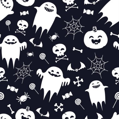 Cadılar Bayramı deseni hayaletler ve balkabakları, yarasalar, örümcek ağları, kafatasları