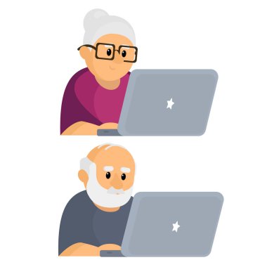 Yaşlı bir adam ve yaşlı bir kadın bilgisayar başında dizüstü bilgisayar kullanırlar.