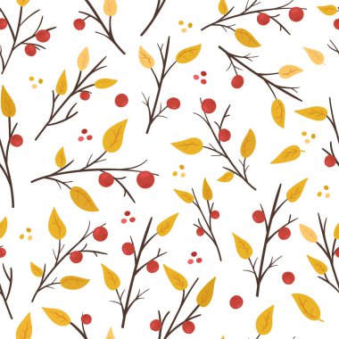 Sonbahar dikişsiz desen, sonbahar yapraklı dallar ve böğürtlen, sarı yapraklar