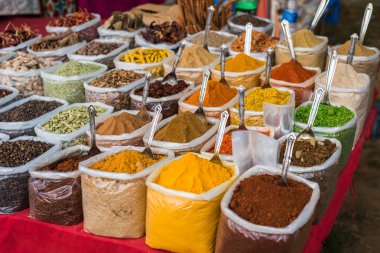 Anjuna Beach, Goa/Hindistan-Nisan 4 2018: Anjuna Beach, Goa, turistlere mal ve el sanatları satış sokak satıcıları