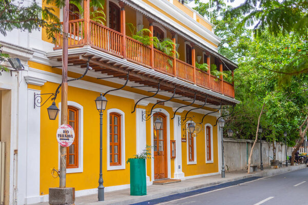 White Town, Pondicherry / India- September 3 2019: Palais de Mahe hotel in the French quarter of Pondicherry
