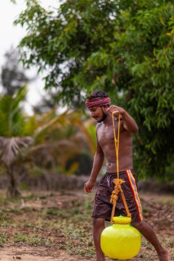 Betul, Goa / Hindistan - 16 Mayıs 2020: Hintli yerli / çiftçi hindistan cevizi fidanı fidanlarını suluyor. Genç Hintli çiftçi mahsulü için su taşıyor.