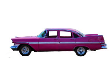 Klasik model pembe Cadillac öfke gelen yan proection, ayrı tut, beyaz arka plan.