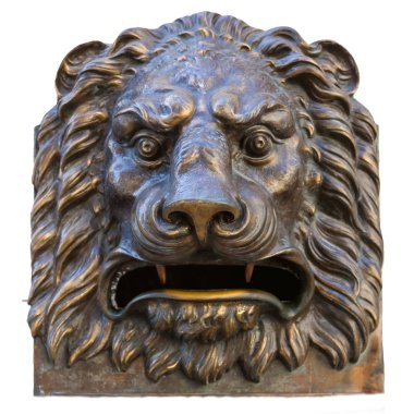 Bronz aslan duvara belirtilen Başkanı. Açık havada, yakın çekim, izole