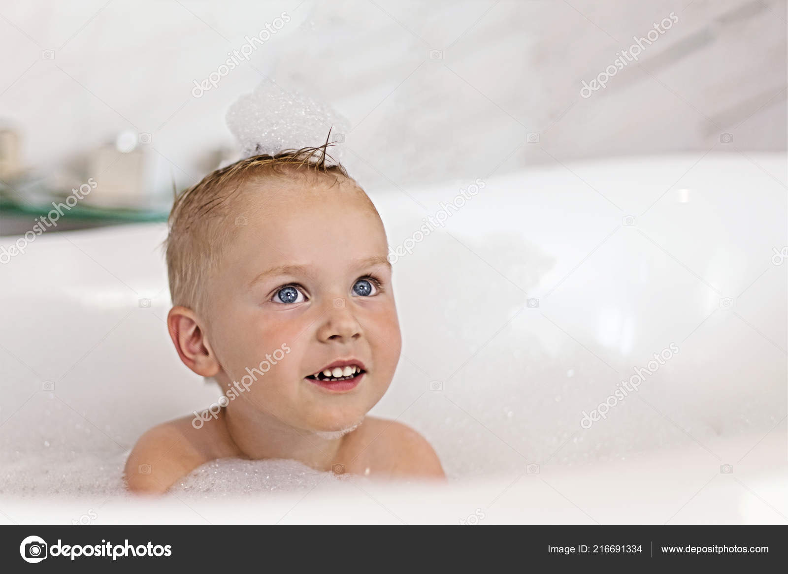 Cute Caucasian Kid Blonde Hair Blue Eyes Smile Sitting Bathtube