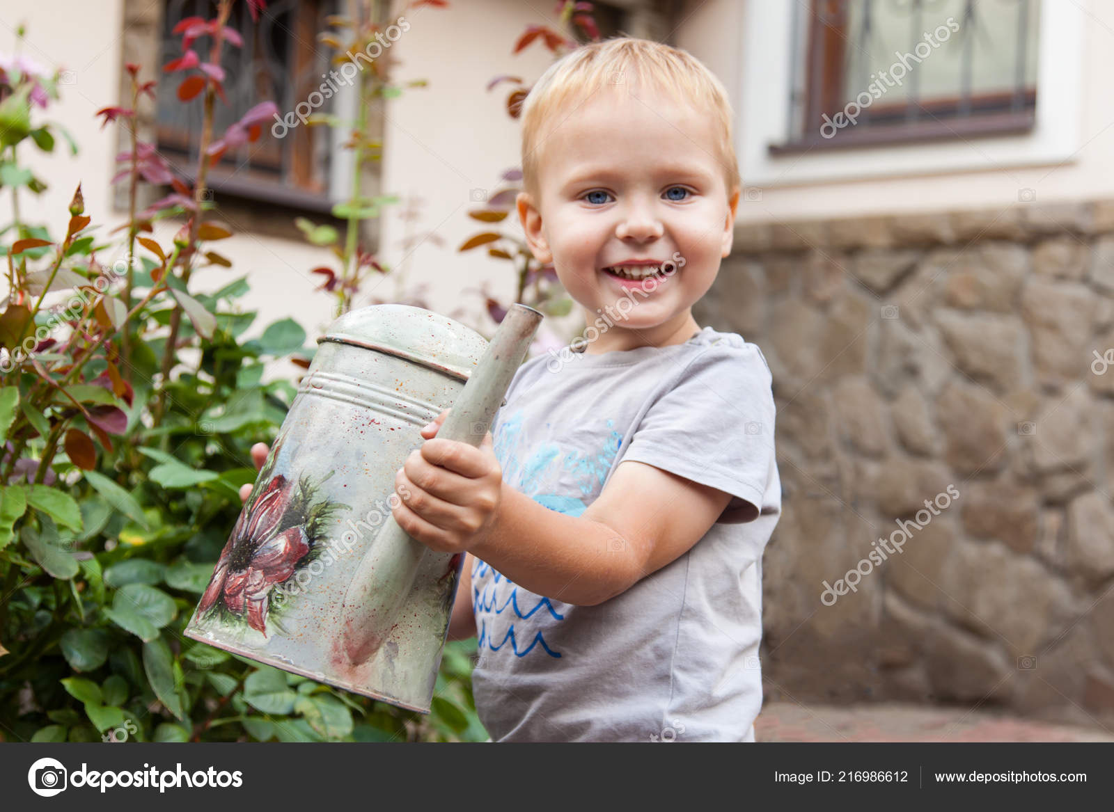 Cute Caucasian Little Boy Blonde Hair Blue Eyes Watering Plants