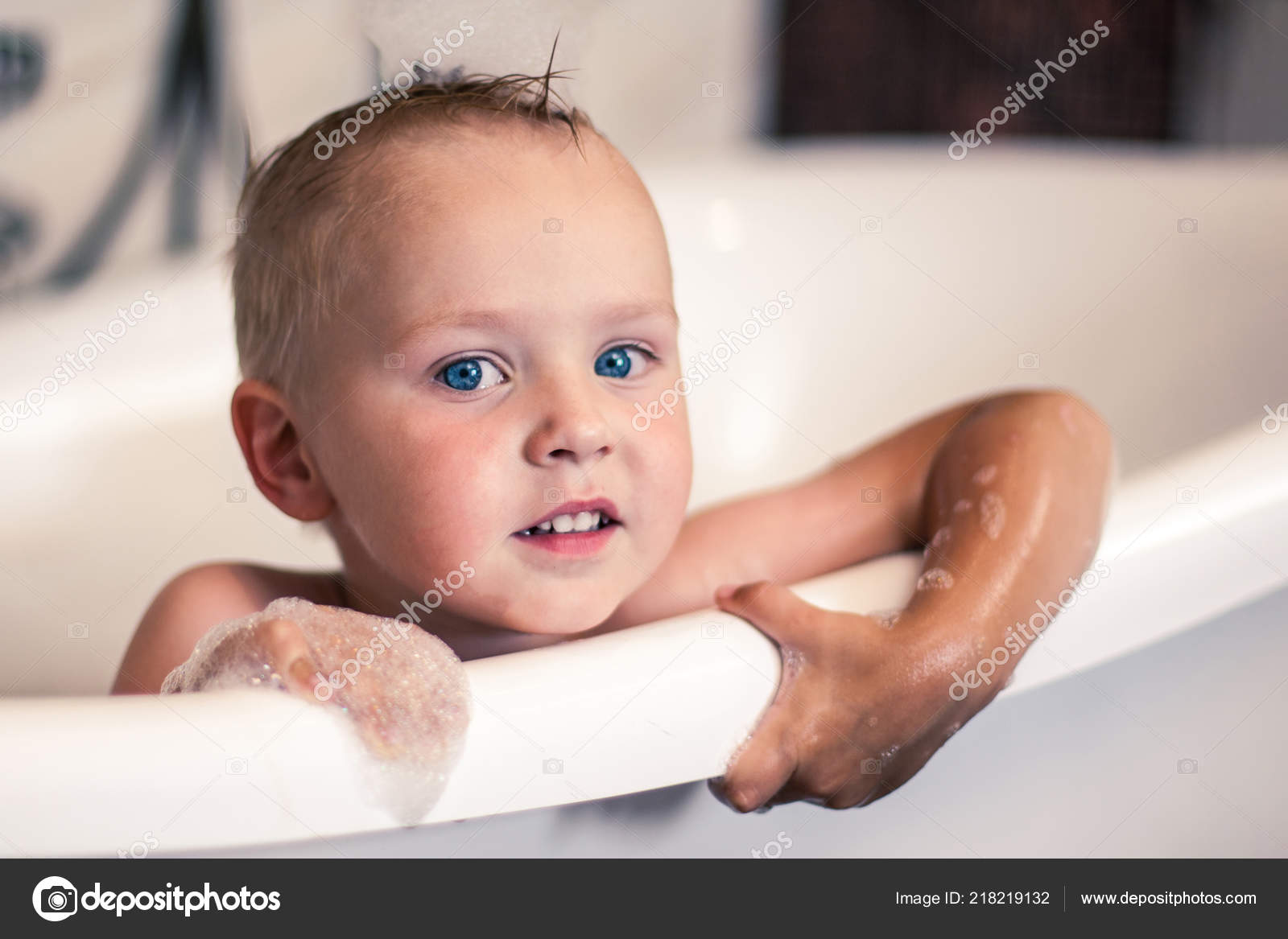 Cute Little Caucasian Boy Blue Eyes Blonde Hair Holds Bathtube
