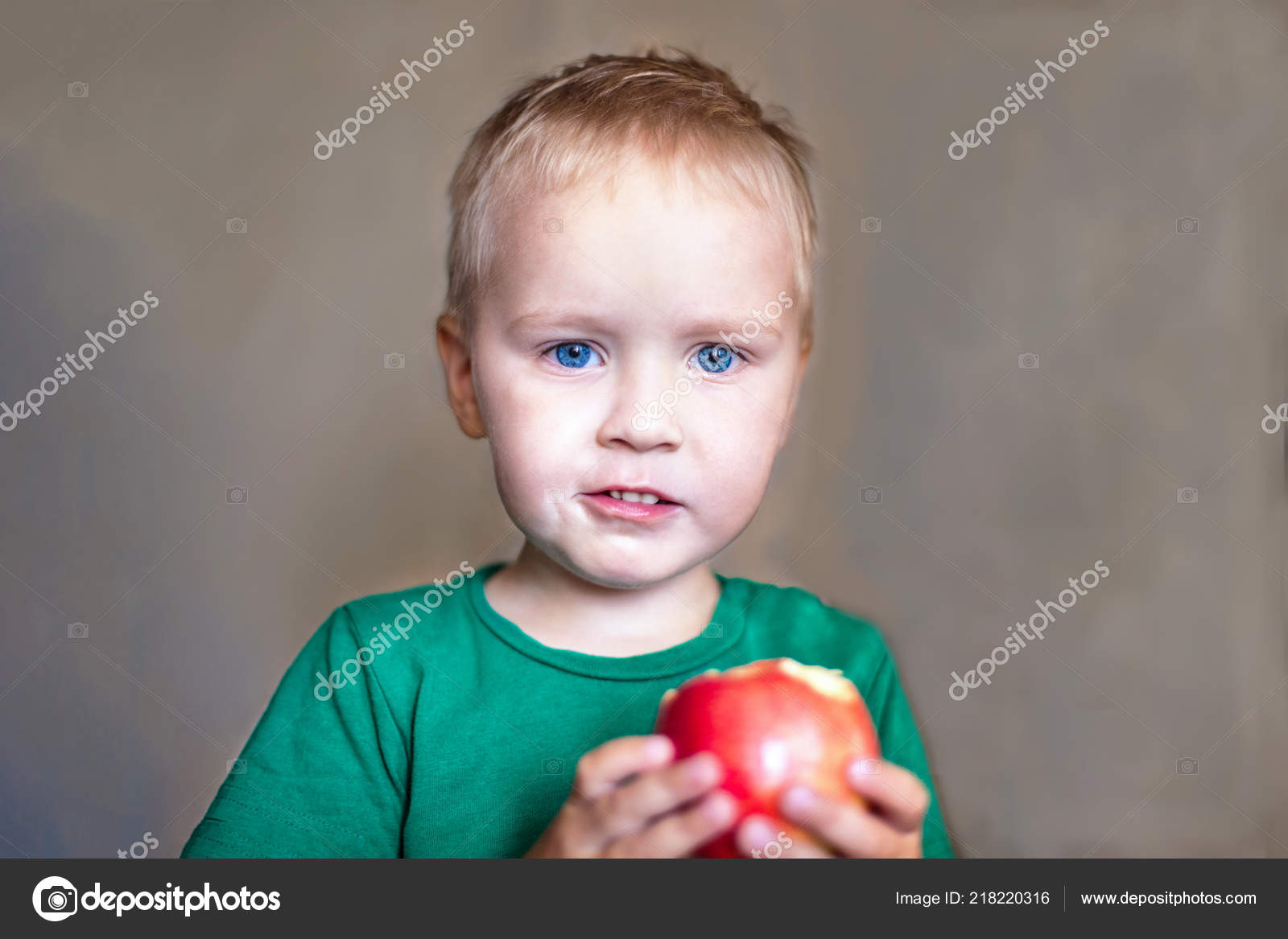 Cute Caucasian Little Boy Blue Eyes Blonde Hair Green Short