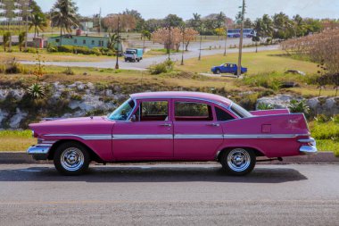 Havana / Küba: klasik pembe Cadillac Fury yan proection, istatistikleri bir köy manzara önünde gelen model.