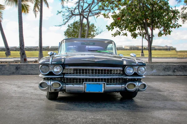 旧的反移动 黑色的老式汽车 巨大的大 热带背景 明亮的蓝天 五六十年代的美国汽车 — 图库照片