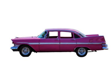 Klasik model pembe Plymouth Fury 1959 yan proection, dan izole, beyaz arka plan. Eski model araba, Amerikan rüyası.