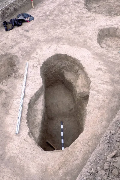 Escavações Arqueológicas Restos Humanos Osso Catacumba Escavada Sob Solo Túmulo — Fotografia de Stock