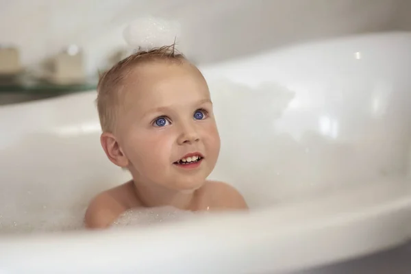 Cute Caucasian Baby Boy Navy Blue Eyes Bathtube Foam Bubbles — Stock Photo, Image