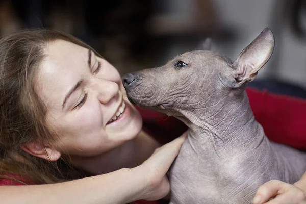 The two months old puppy of rare breed - Xoloitzcuintle, or Mexican Hairless dog, standard size, with young laughing woman. Close up portrait. Cute face. Indoors, copy space.