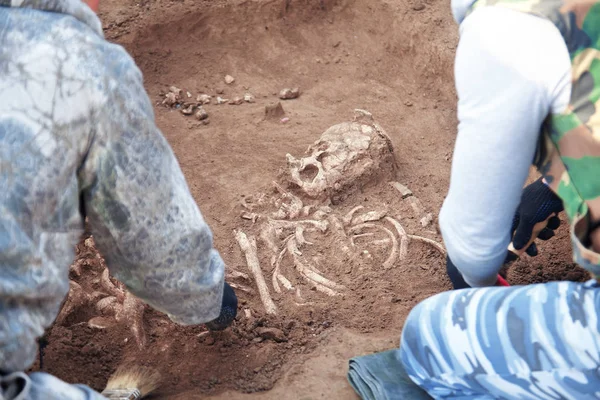 Scavi Archeologici Due Archeologi Processo Scavo Chiudi Mani Con Strumenti — Foto Stock