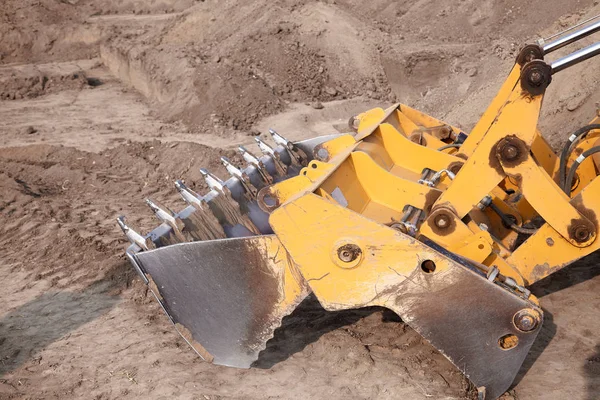 Excavator Loader Working Ground Area Digging Process Yellow Bucket Outdoors — Stock Photo, Image