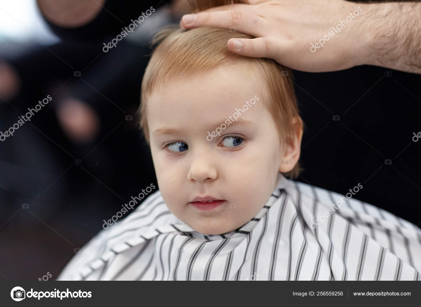 Cute Blond Smiling Baby Boy Blue Eyes Barber Shop Having Stock
