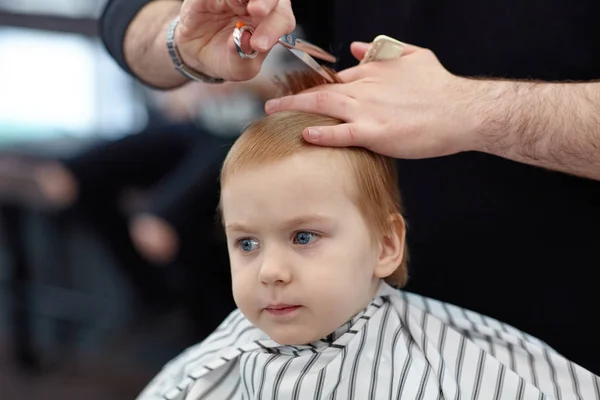Serious Cute Blond Baby Boy Blue Eyes Barber Shop Having — Stock Photo, Image