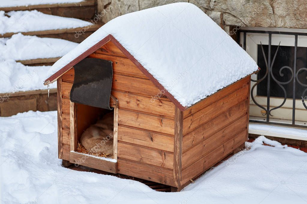 An empty wooden dog house in the winter on the back yard, covered with snow. Outdoors, copy space.