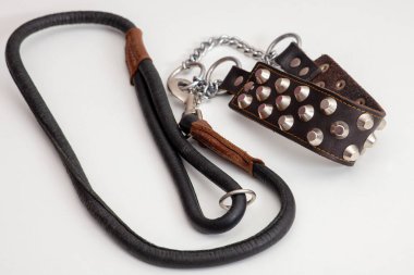 Kahverengi deriden köpek tasması, metal perçinler, siyah ve zencefilli tasma, karabina bağlanmış. Yakın plan, beyaz arkaplan, kopyalama alanı. Büyük hayvan için mühimmat.